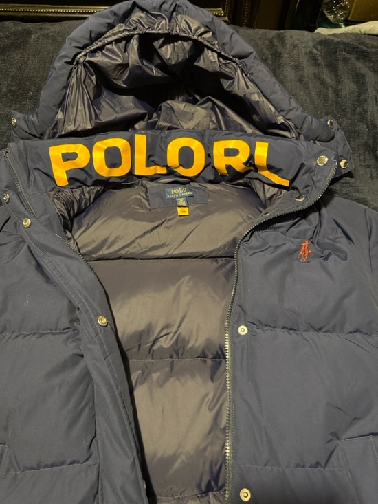 Polo by Ralph Lauren Navy Puffer Jacket with Yellow Lettering and Orange Pony